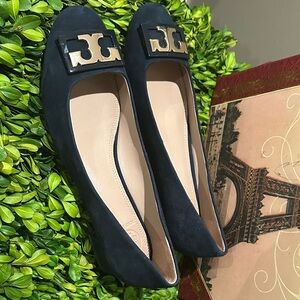 Tory Burch Navy Suede Logo Ballet Flats with Gold Hardware suede